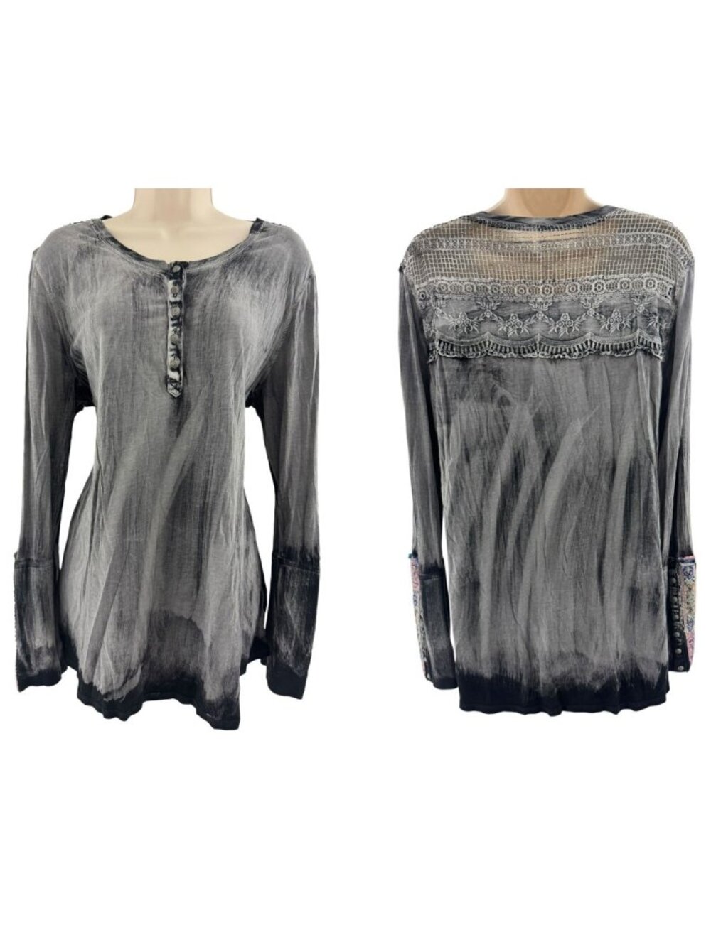Aratta Silent Journey Gray Acid Wash Lace Back Henley Tunic Top L XL Shirt